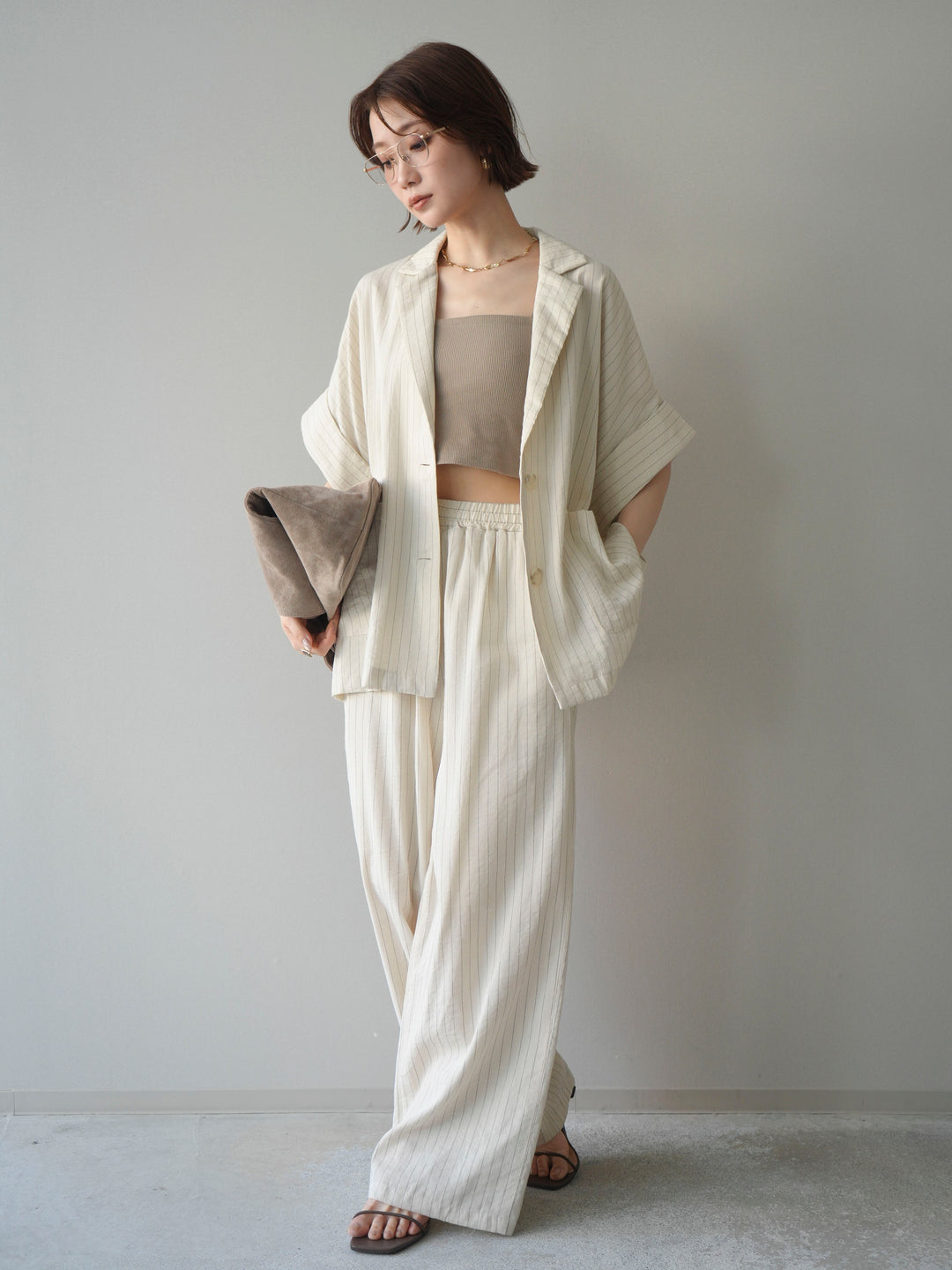 [SET]ストライプハーフスリーブオーバージャケット+ストライプリラックスワイドパンツ(2set)