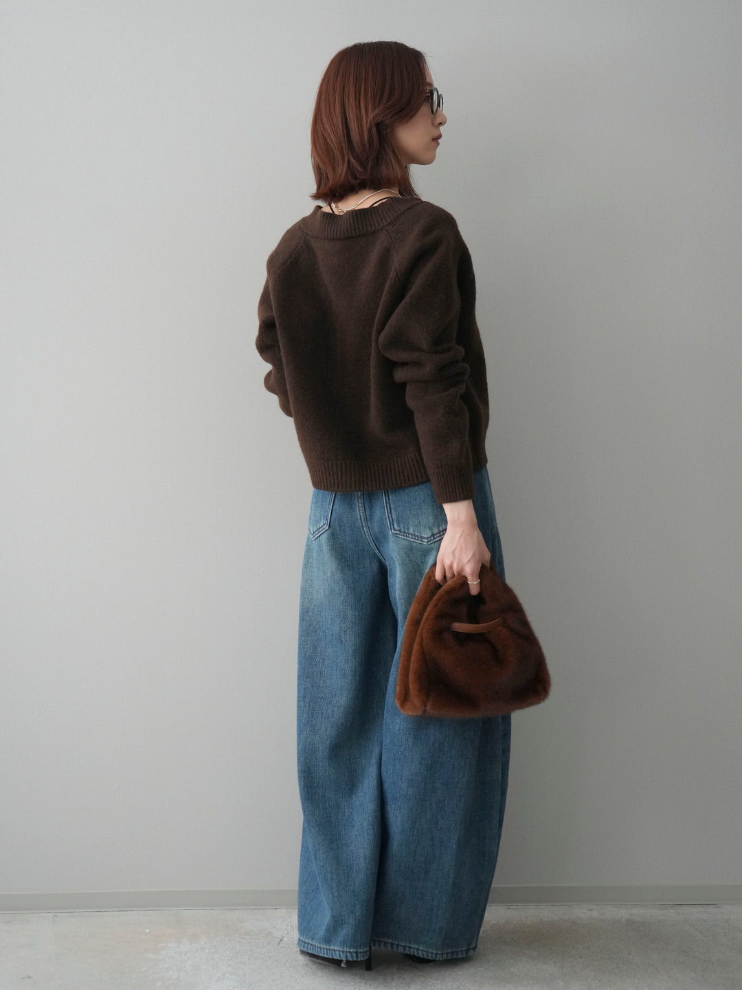 [SET]BIGボタンニットカーディガン+ベルト付裏起毛カーブデニムパンツ(2set)