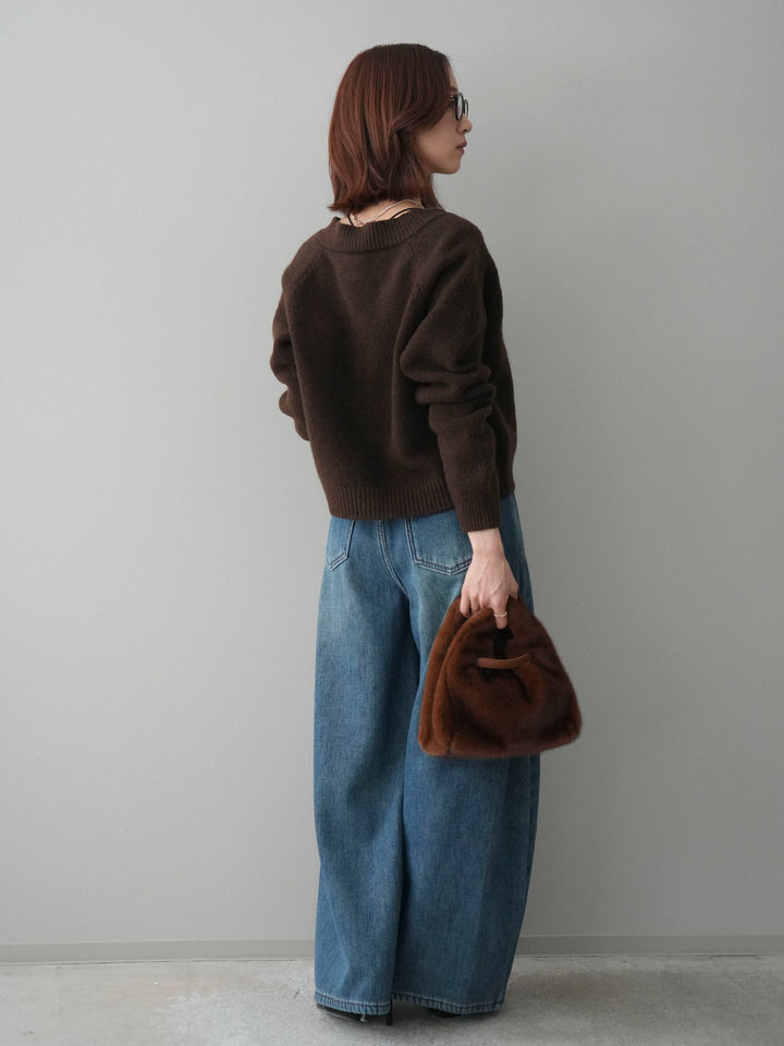 [SET]BIGボタンニットカーディガン+ベルト付裏起毛カーブデニムパンツ(2set)