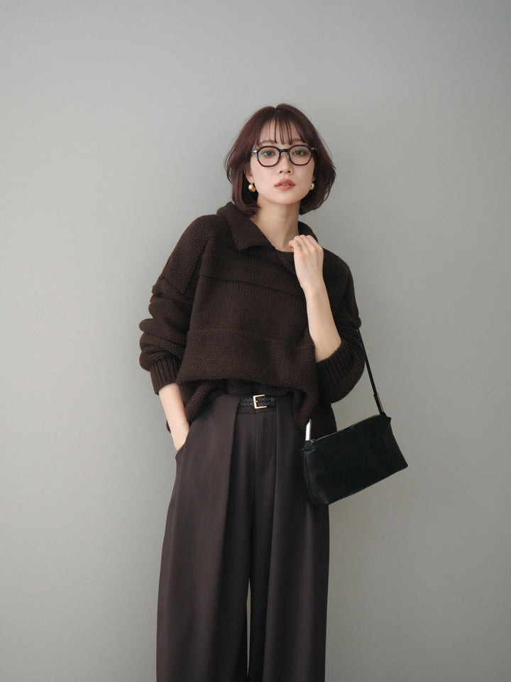 [予約]襟付きボーダー編みニットプルオーバー/brown