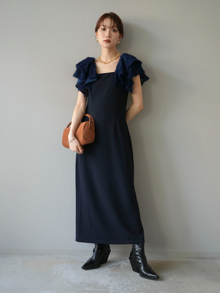 [予約]ジャガードフレアスリーブドレス/ネイビー