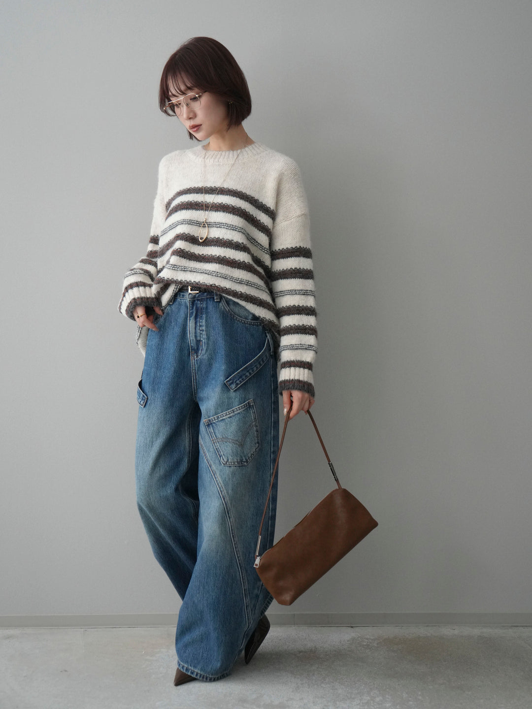 [SET]ステッチボーダーニットプルオーバー+ペインターカーブデニムパンツ(2set)