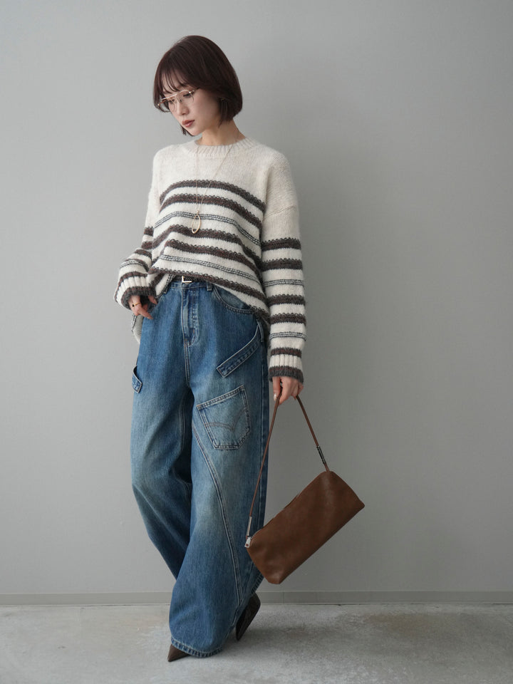 [SET]ステッチボーダーニットプルオーバー+ペインターカーブデニムパンツ(2set)