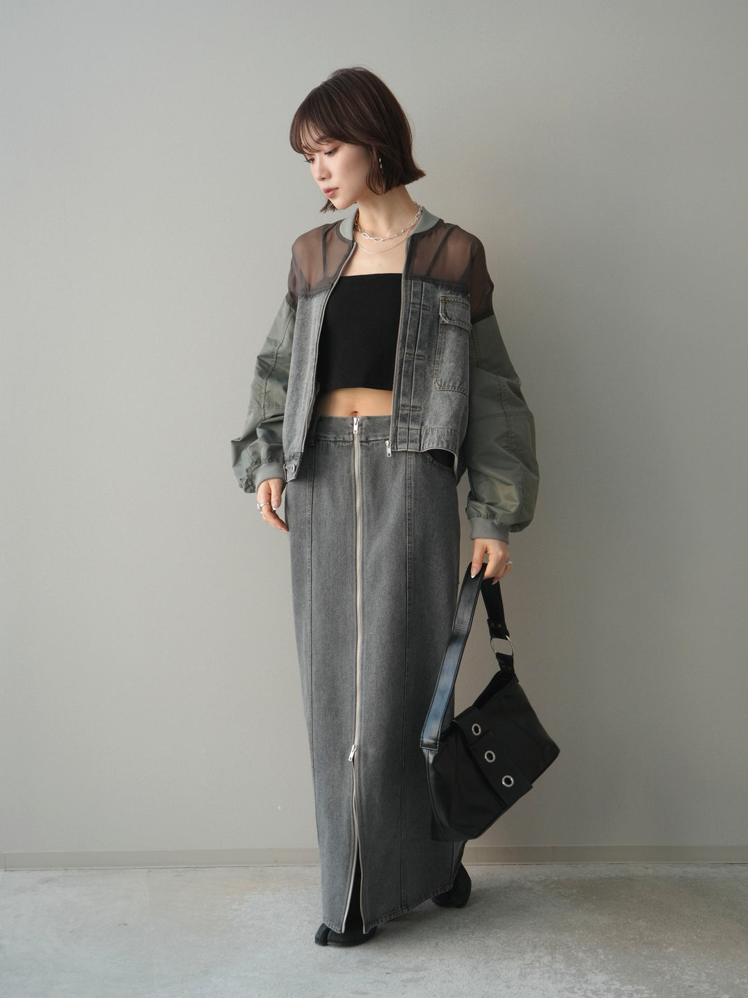 [SET]異素材デニムブルゾン+フロントジップデニムスカート(2set)