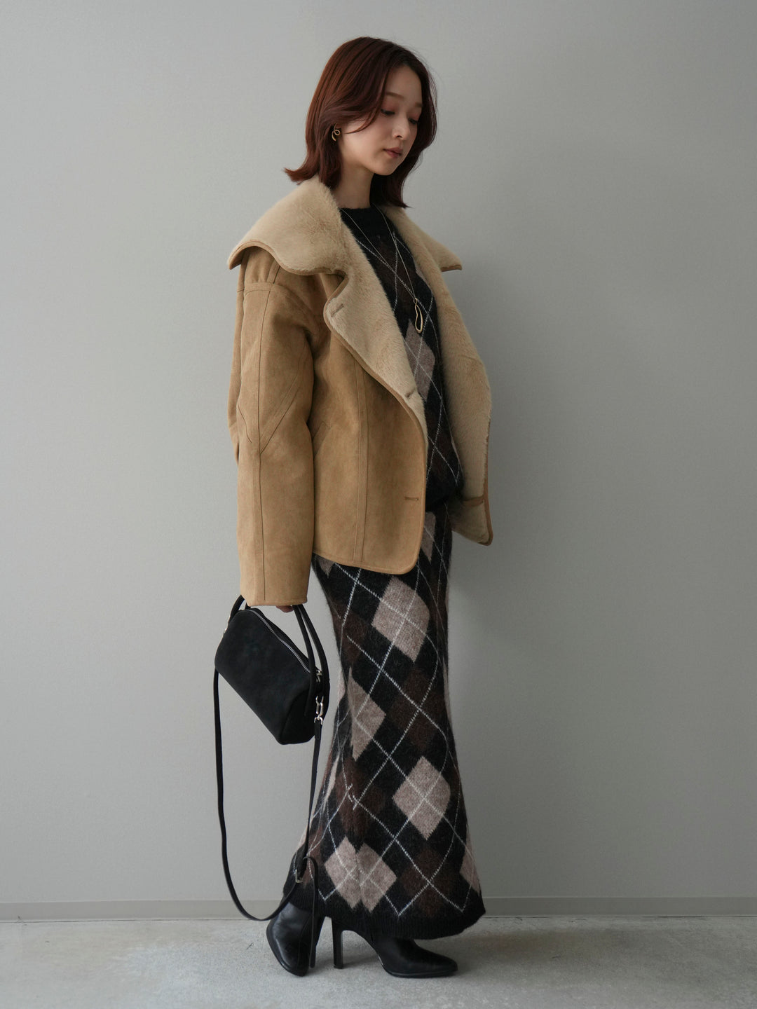 [SET]アーガイルニットプルオーバー&ロングスカートSET UP+ムートンショートジャケット(2set)