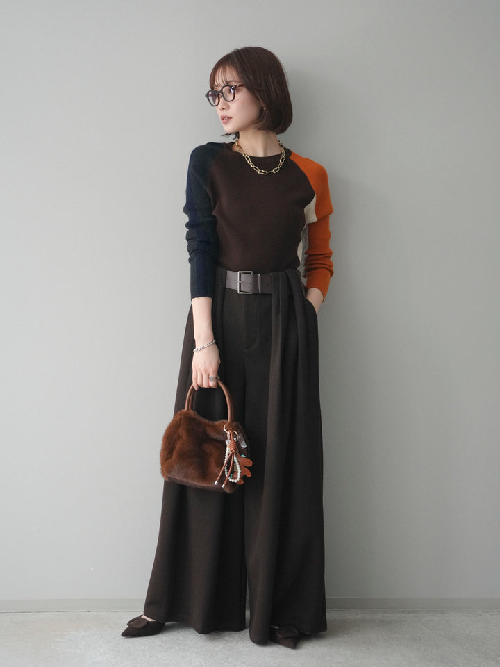 [SET]バイカラーラグランニットトップス+ベルトデザインループウールワイドパンツ(ベルト付)(2set)