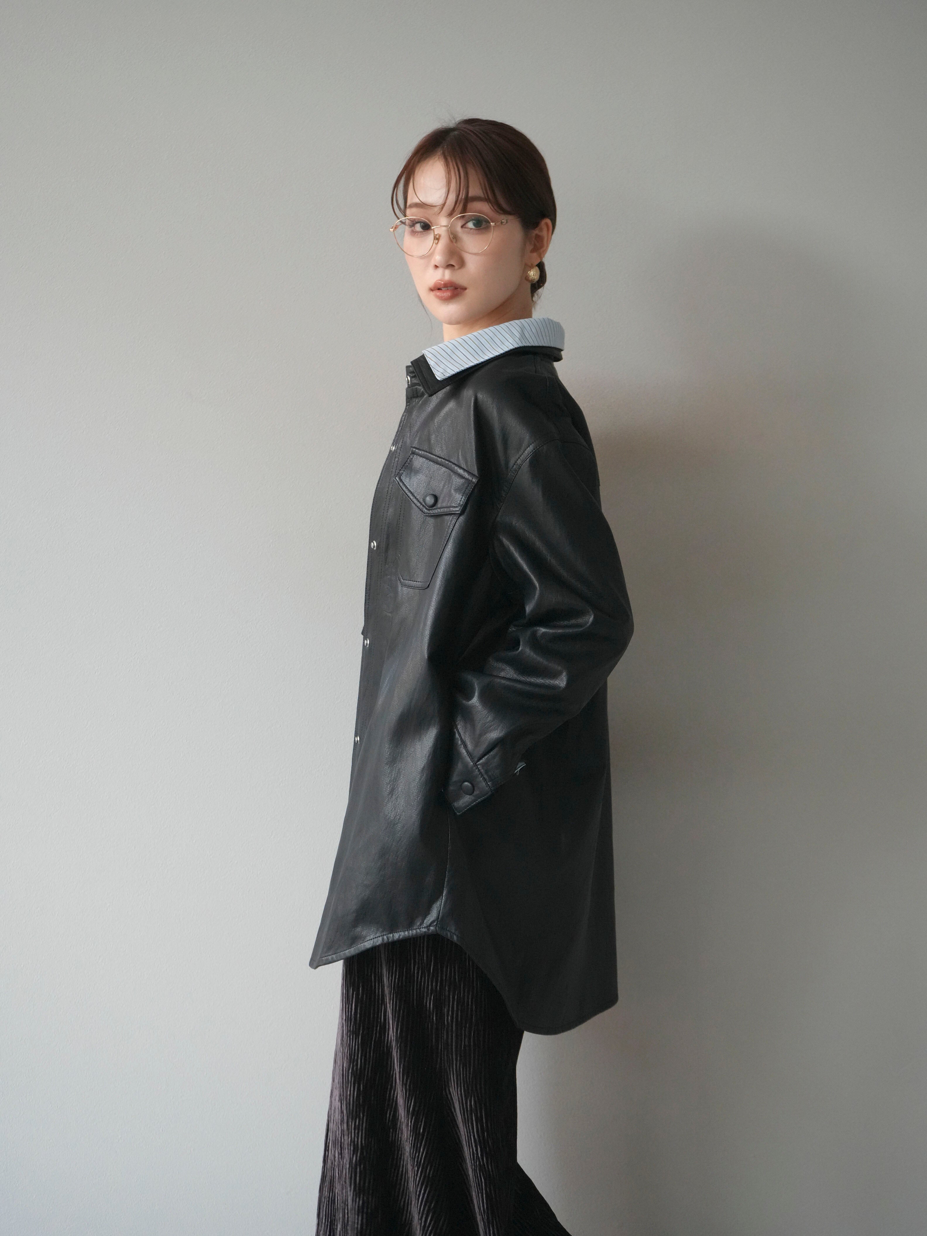 予約]シャツレイヤードデザインレザージャケット/black – Lumier