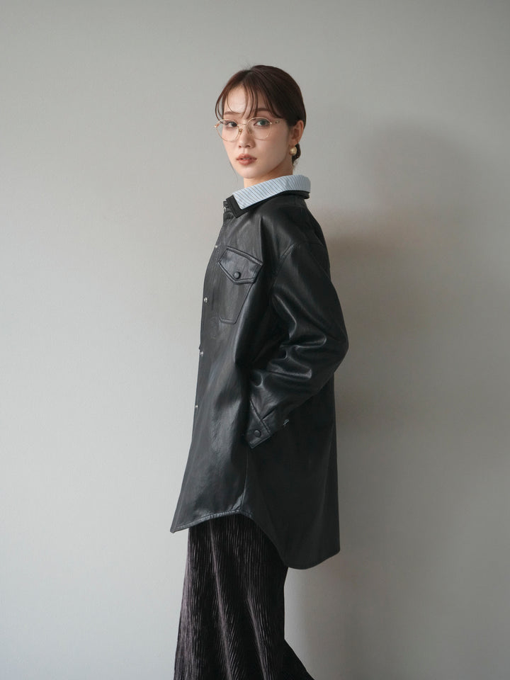 [予約]シャツレイヤードデザインレザージャケット/black