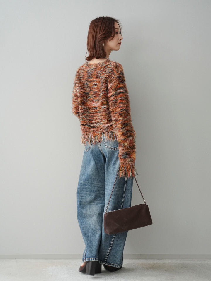 [SET]裾フリンジミックスヤーンシャギープルオーバー+サイド切替カーブデニムパンツ(2set)