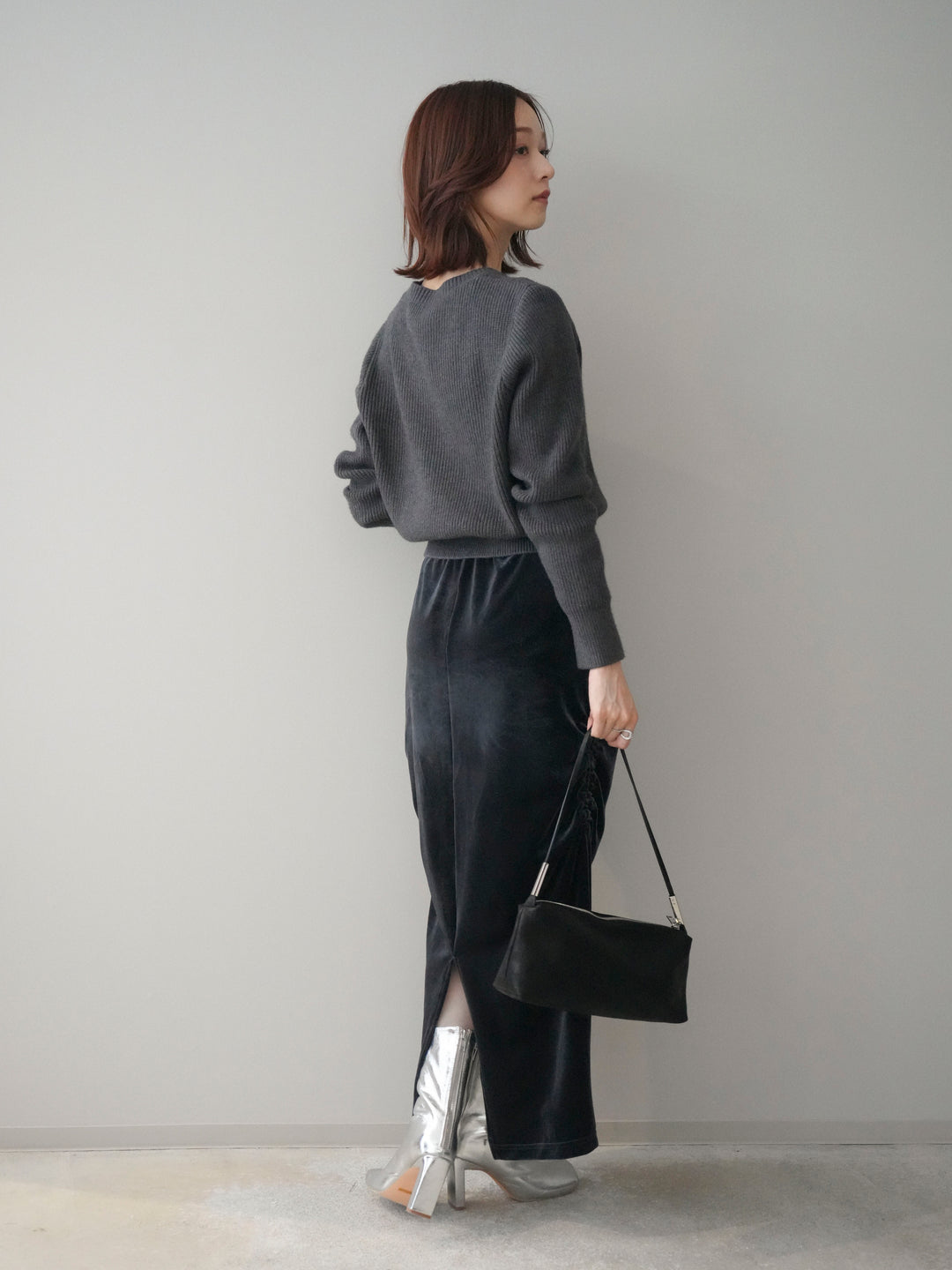 [SET]シルバーボタン畦編みニットカーディガン+ギャザーベロアスカート(2set)