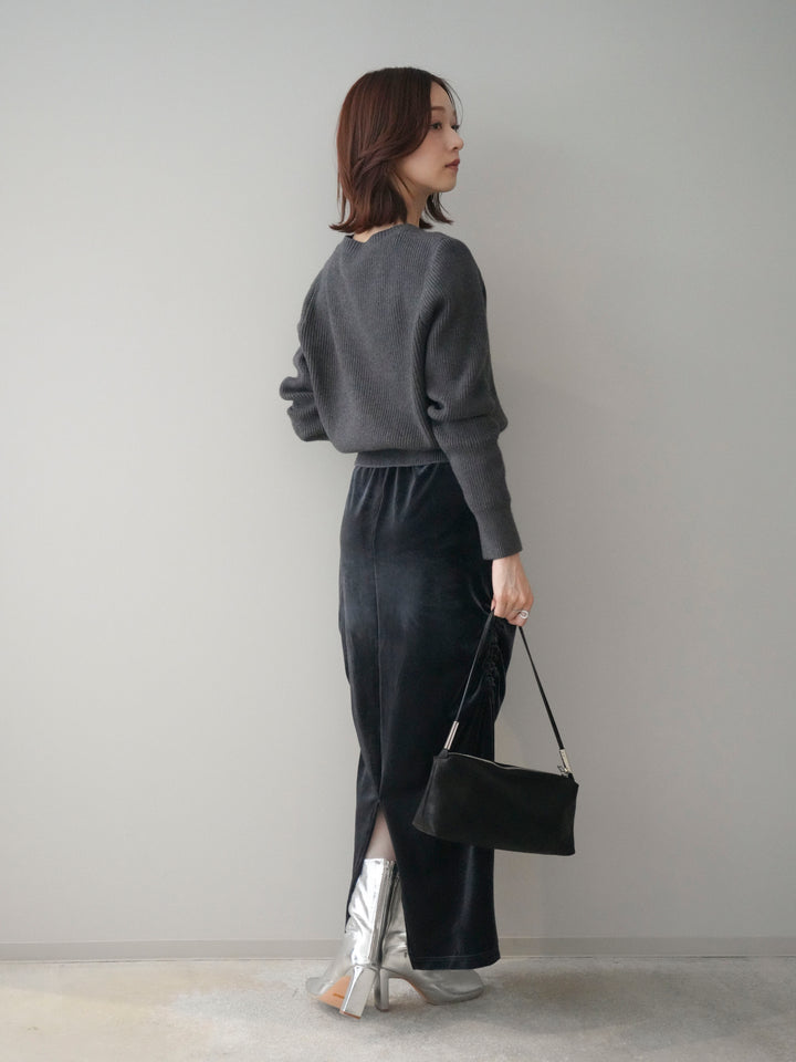 [SET]シルバーボタン畦編みニットカーディガン+ギャザーベロアスカート(2set)