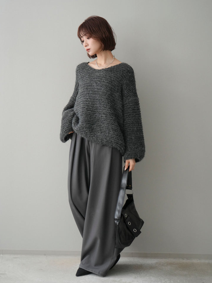 [SET]ワッフル編みシャギーニットプルオーバー+ベルトループデザインワイドパンツ(2set)
