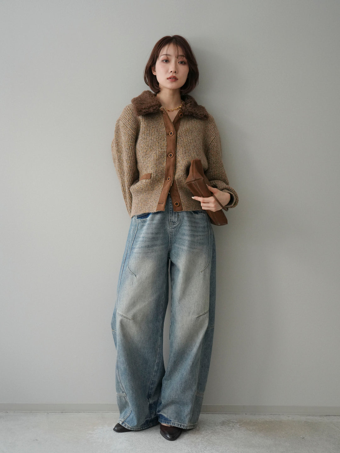 [SET]襟ボアミックスヤーンニットカーディガン+ベルト付カーブデニムパンツ(2set)