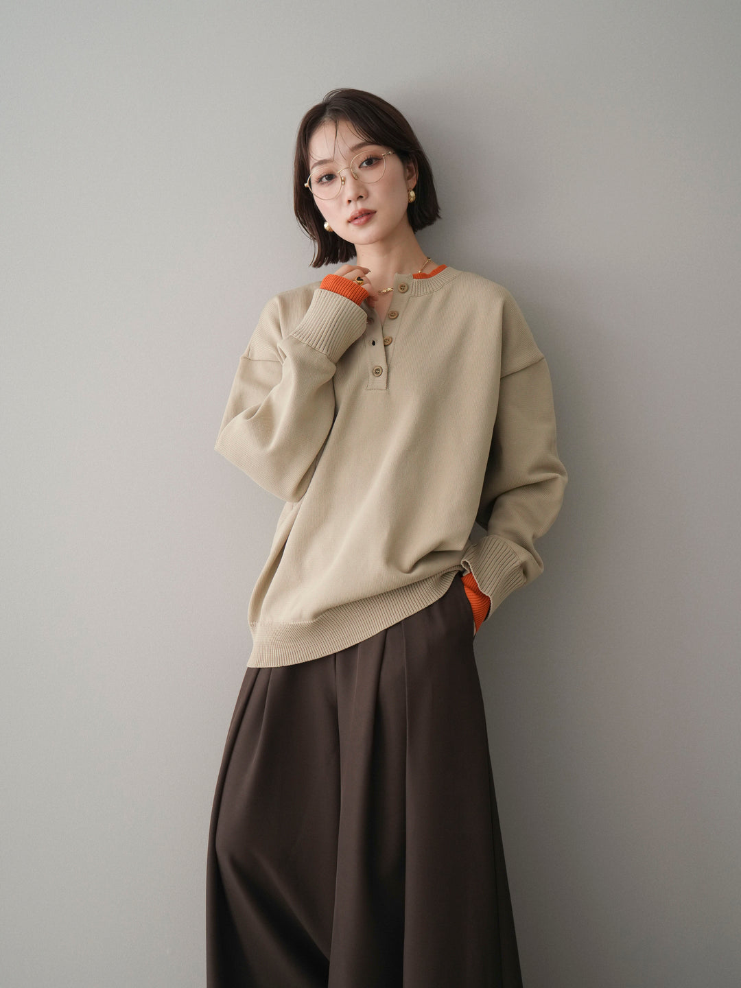 [予約]2WAYネック配色レイヤードニットプルオーバー/beige