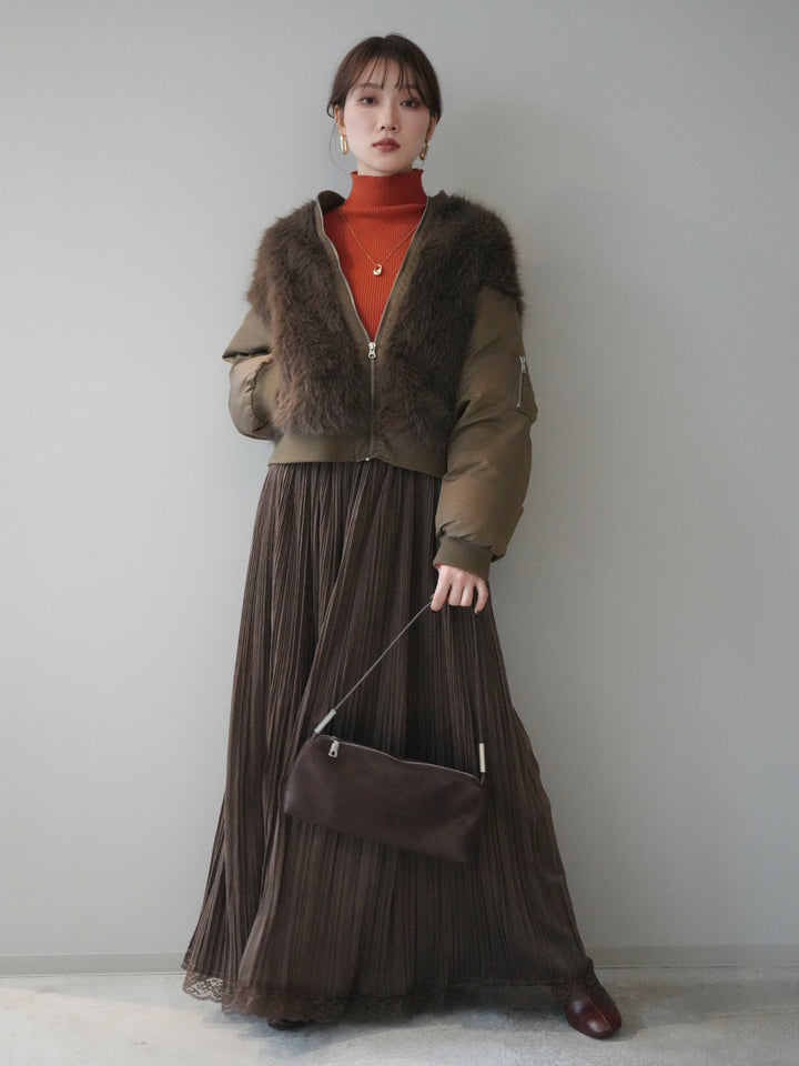 [SET]ファードッキングMA-1+袖ボタンボトルネックリブニットトップス+裾レーススウェードプリーツマキシスカート(3set)