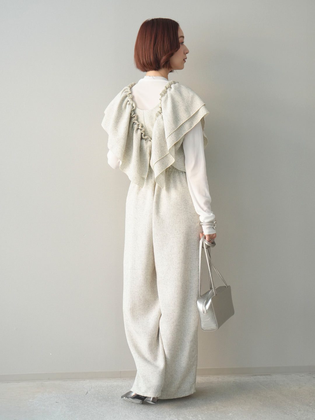 [SET]3WAYミックスツイードギャザーオールインワン+シアープチネックストレッチトップス(2set)