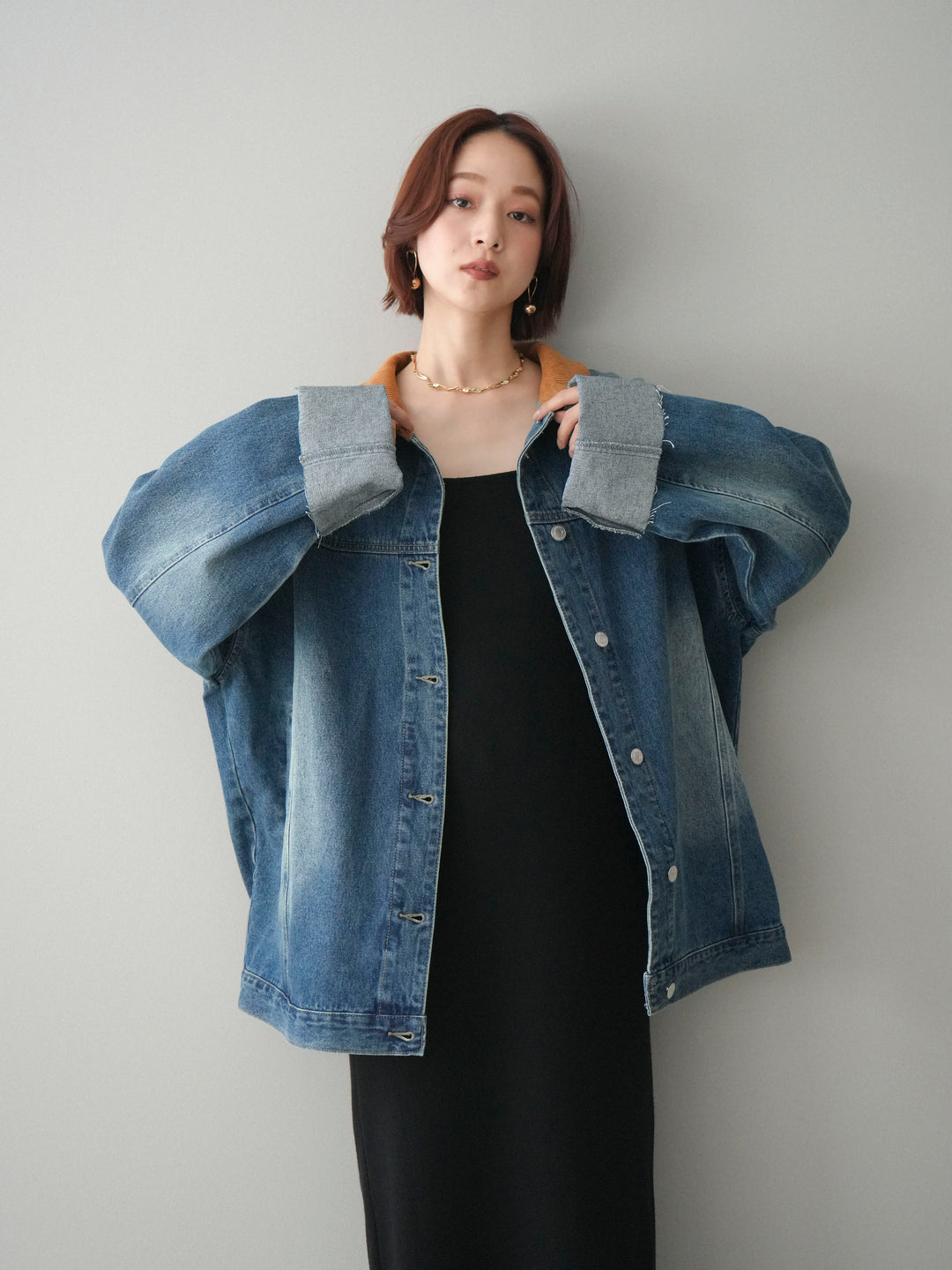 [SET]2WAYニットワンピース+コーデュロイ×デニムミドルジャケット(2set)