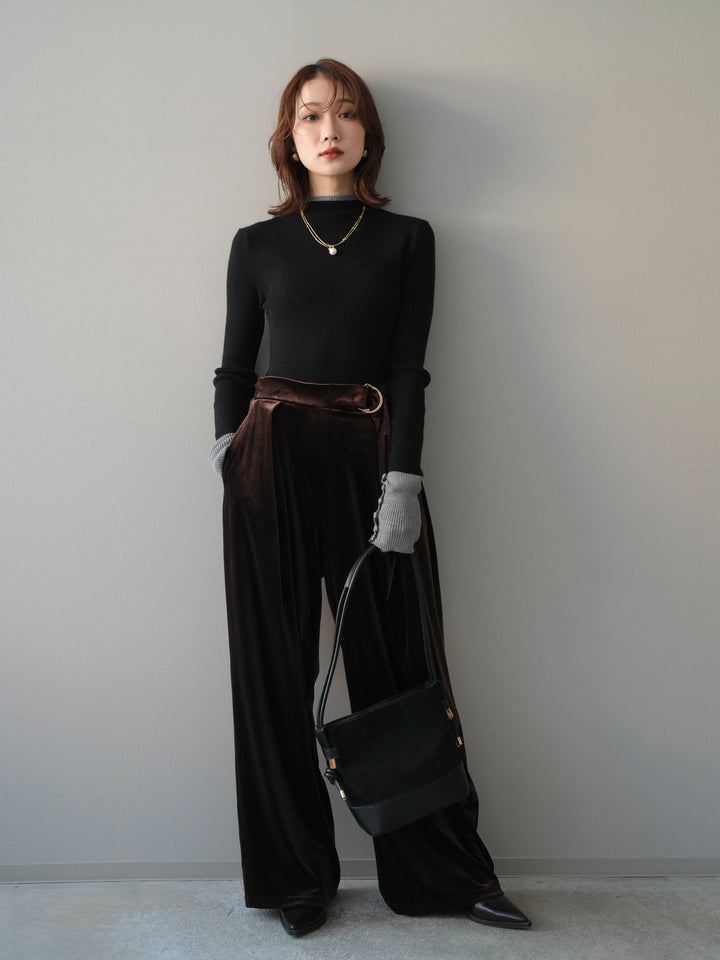 [SET]袖ボタンハイネック配色リブニットトップス+ベロアベルトスリムパンツ(2set)