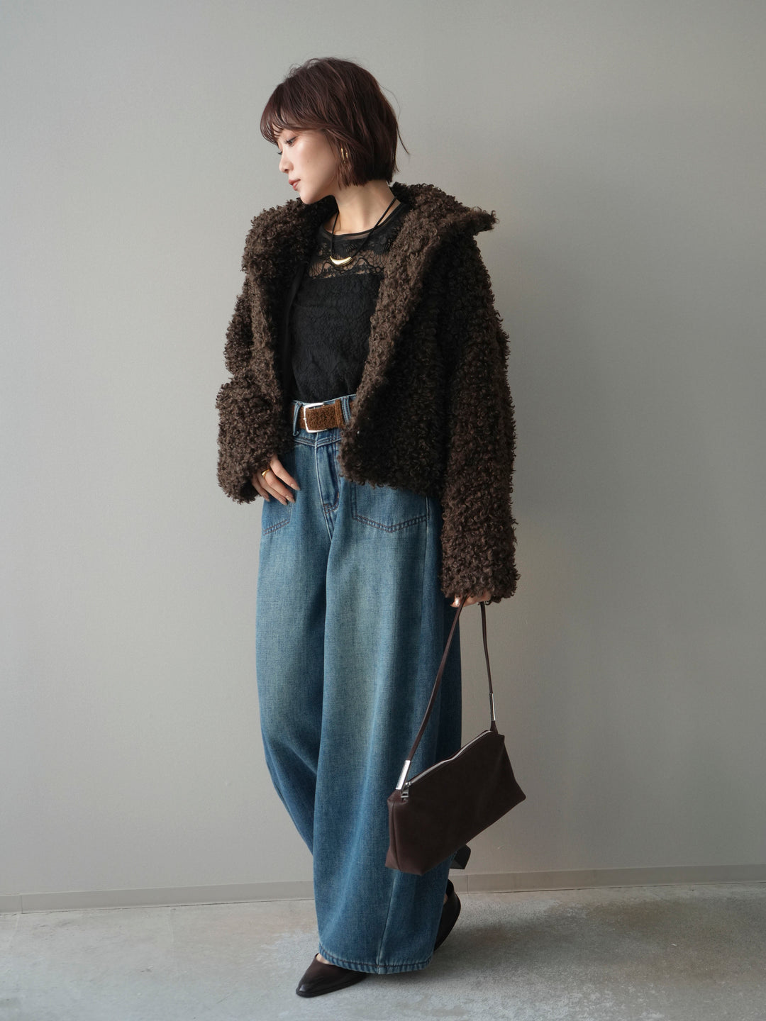 [SET]プードルファーミドルスタンドブルゾン+チュールレーストップス+ベルト付裏起毛カーブデニムパンツ(3set)