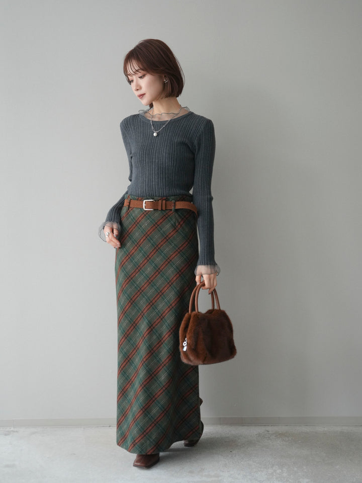 [SET]チュールドッキングリブニットトップス+ベルト付チェック柄ナロースカート(2set)