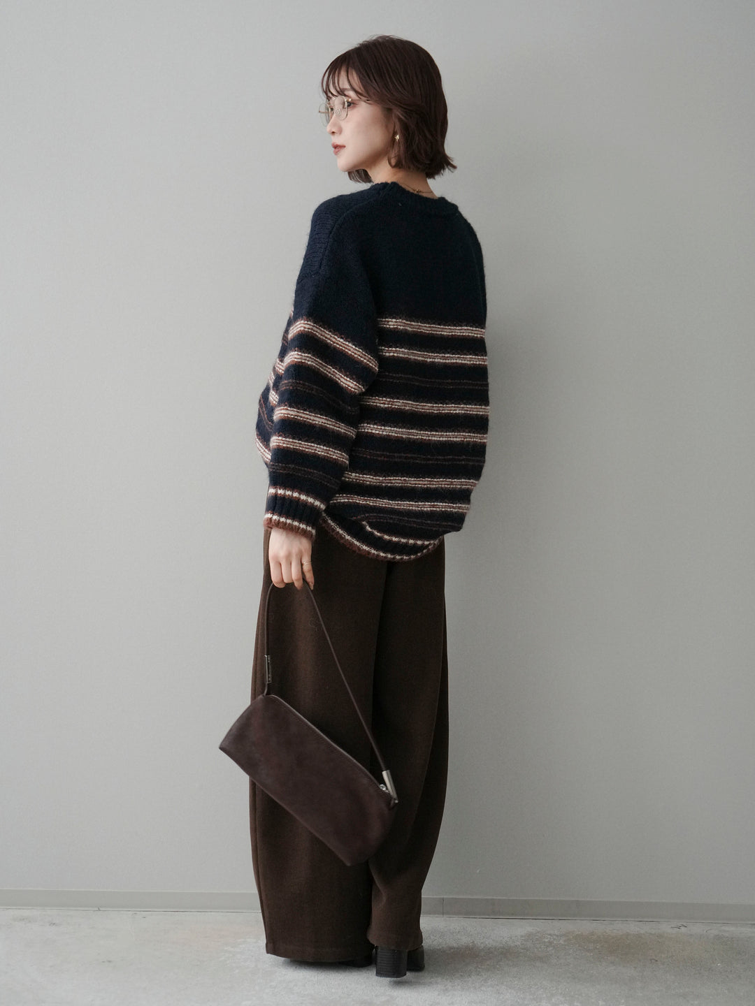 [SET]ステッチボーダーニットプルオーバー+ベルト付起毛コクーンパンツ(2set)