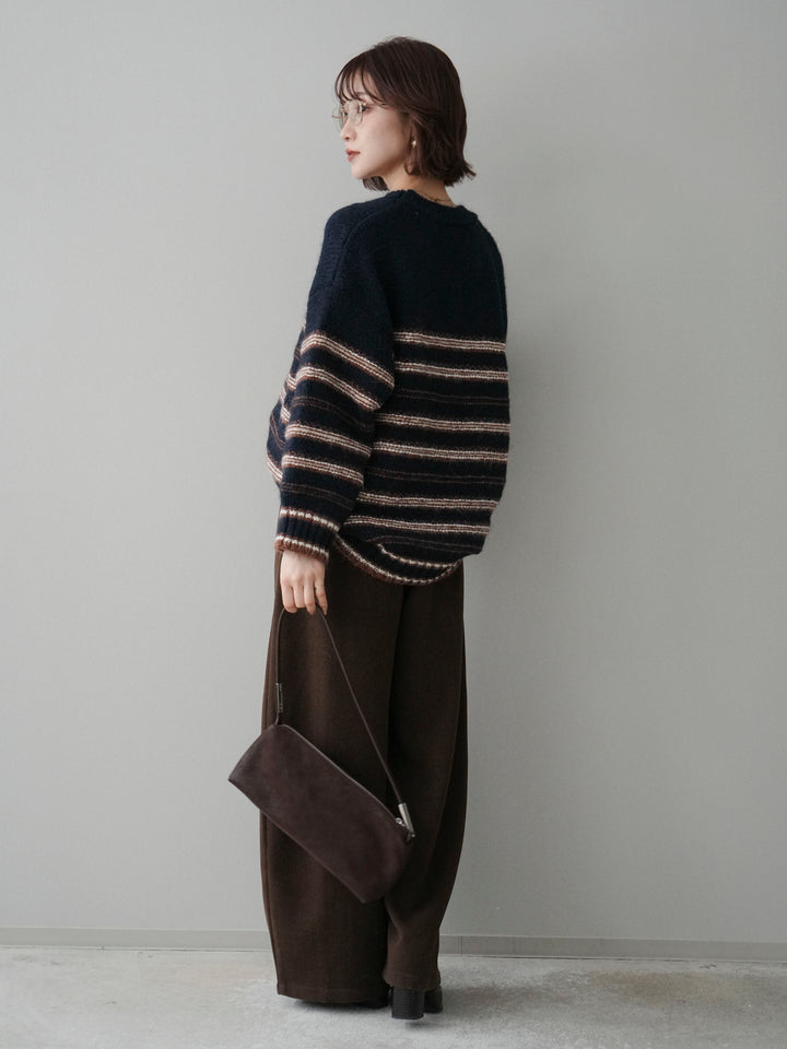 [SET]ステッチボーダーニットプルオーバー+ベルト付起毛コクーンパンツ(2set)