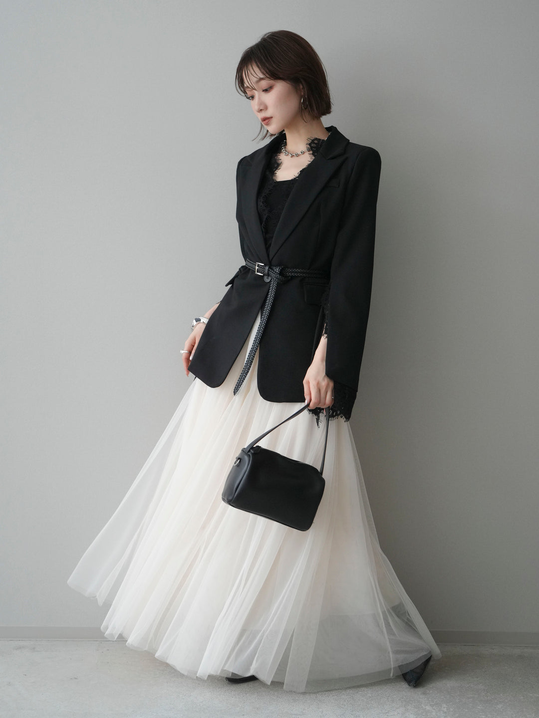 [SET]レースレイヤードスリットジャケット+チュールボリュームスカート(2set)