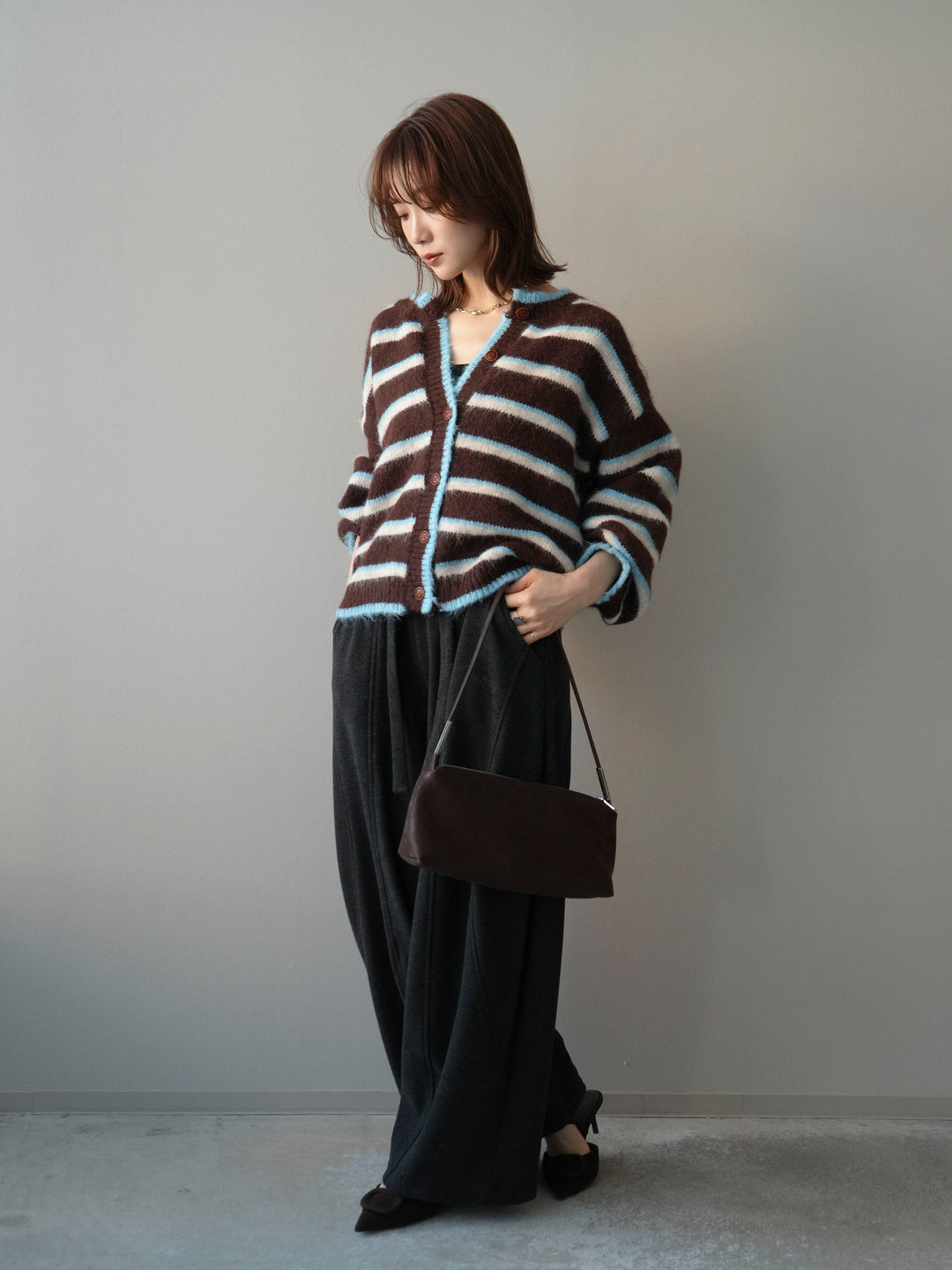 [SET]ウールタッチ配色ボーダーニットカーディガン+ウエストベルトカーブラインスエットパンツ(2set)