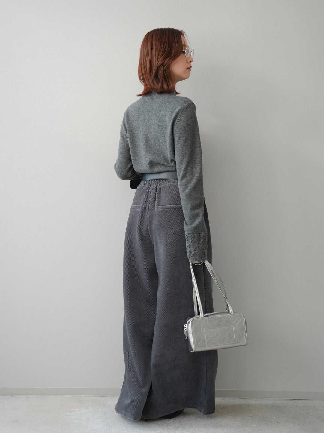 [SET]袖スカラップレースフロントボタンウールニットトップス+ベルトデザインループコールテンワイドパンツ(ベルト付き)(2set)