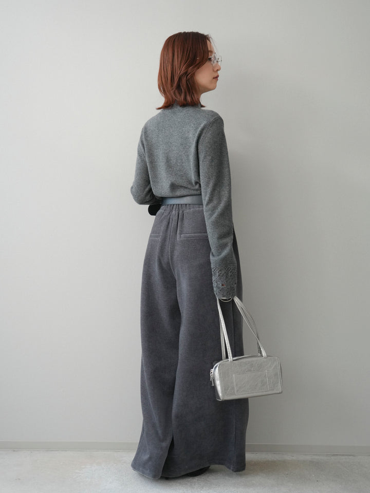 [SET]袖スカラップレースフロントボタンウールニットトップス+ベルトデザインループコールテンワイドパンツ(ベルト付き)(2set)
