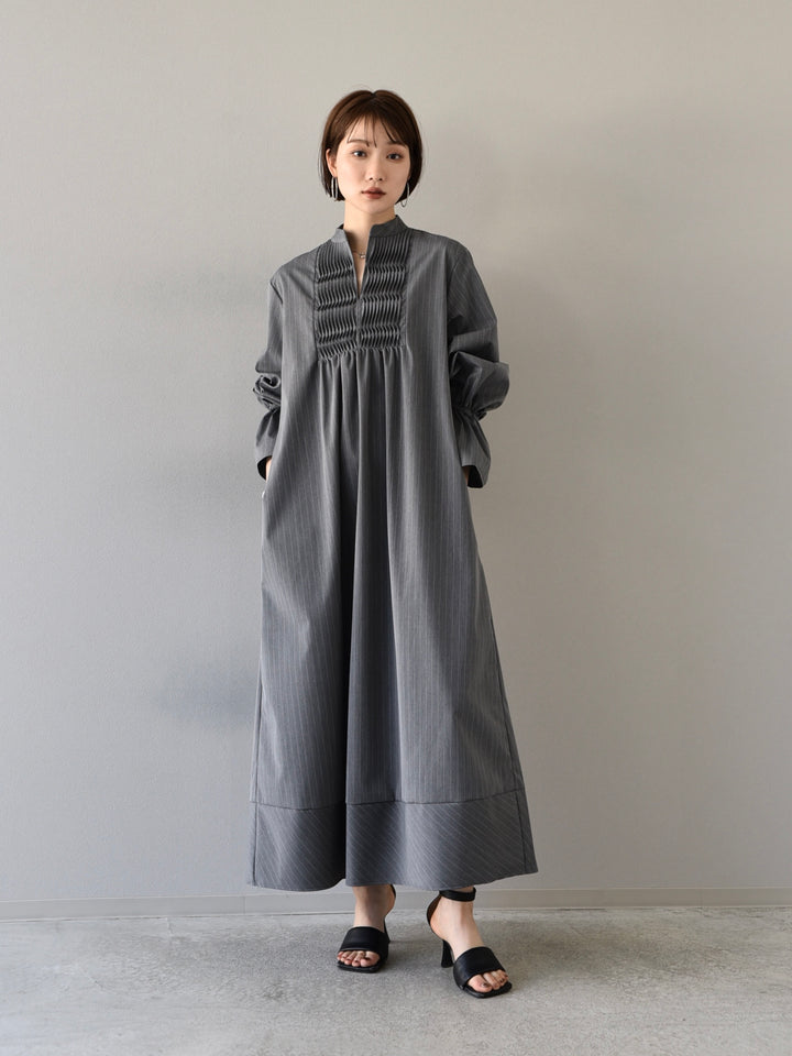 [予約]SUSTAINABLE DESIGN PINTUCK STRIPE SHIRT ONE-PIECE/GRAY