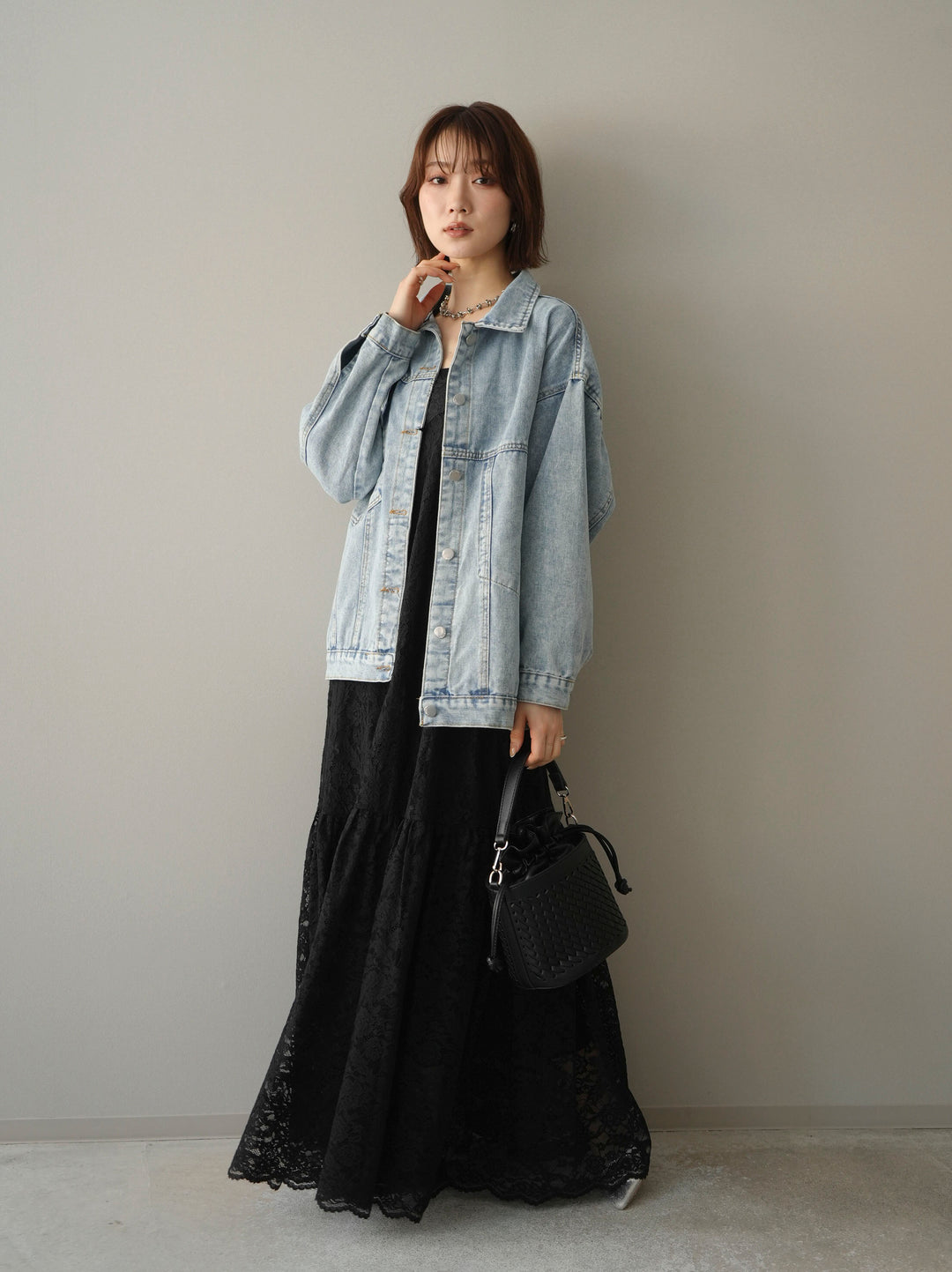 [SET]ギャザー切替レースキャミワンピース+デザインBIGポケットオーバーデニムジャケット(2set)