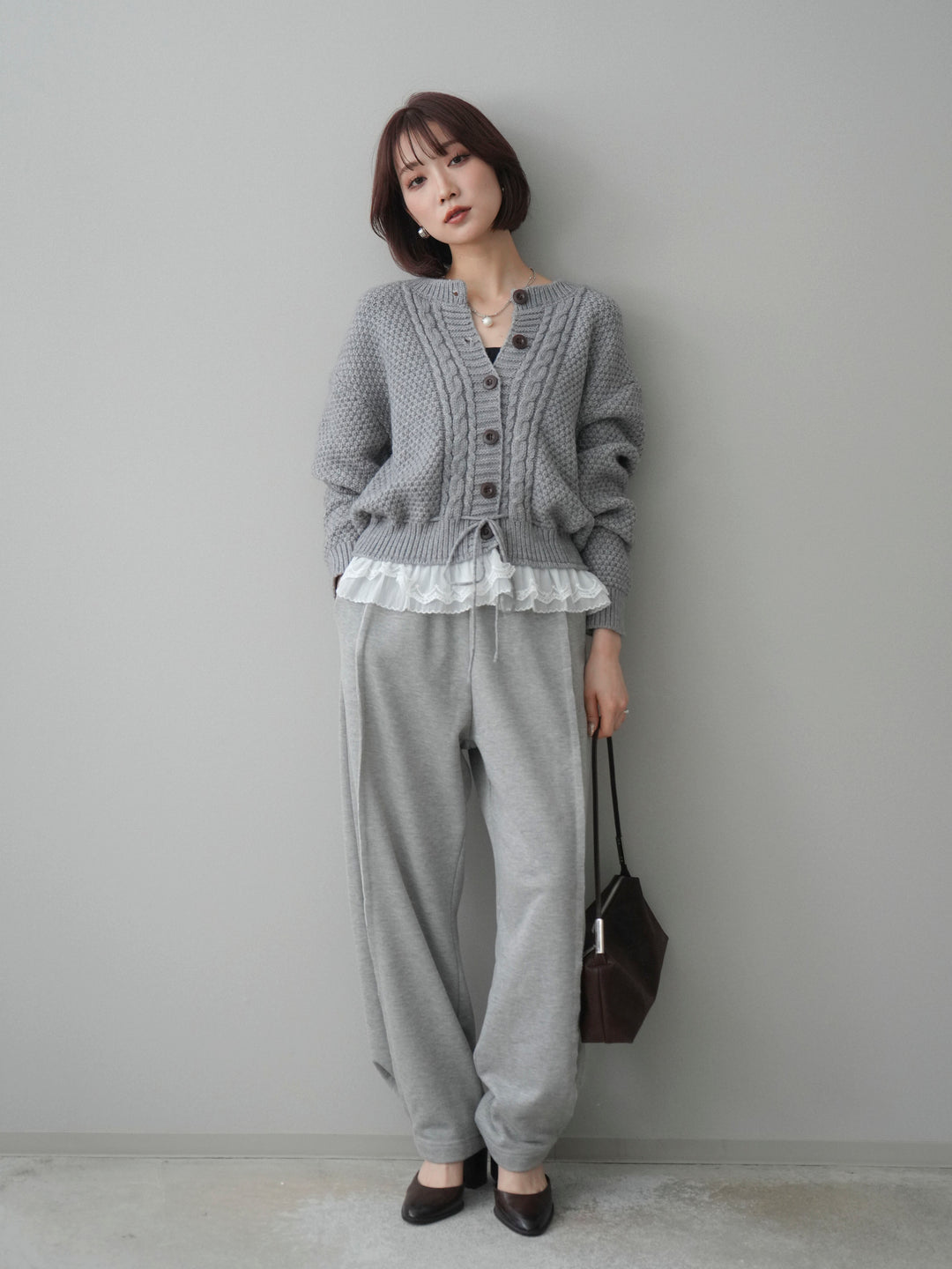 [SET]裾レースケーブルニットカーディガン+2WAYデザインスウェットパンツ(2set)