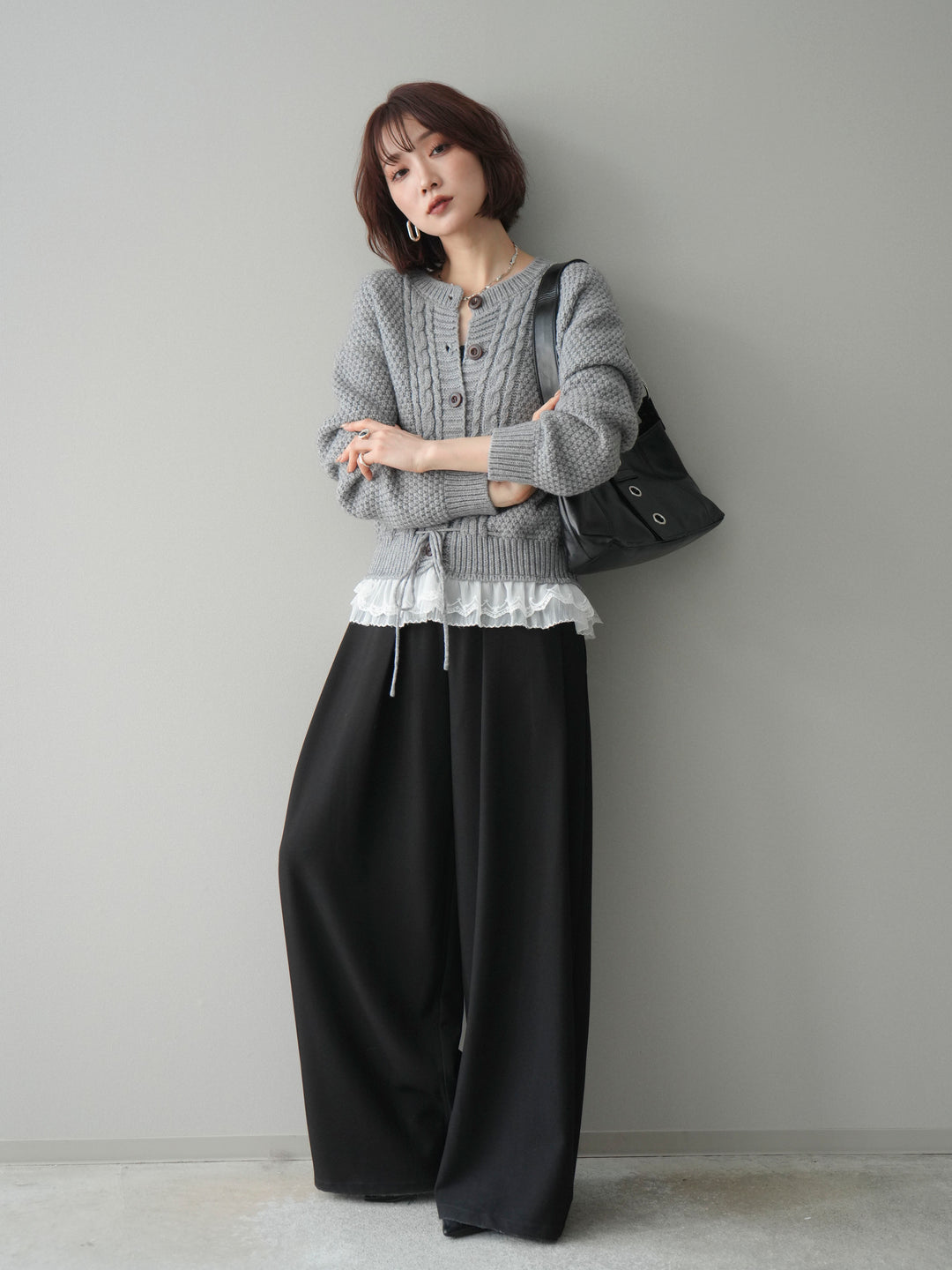 [SET]裾レースケーブルニットカーディガン+ベルトループデザインワイドパンツ(2set)