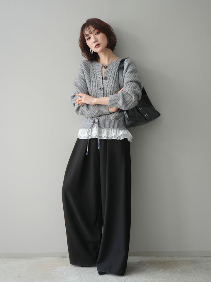 [SET]裾レースケーブルニットカーディガン+ベルトループデザインワイドパンツ(2set)