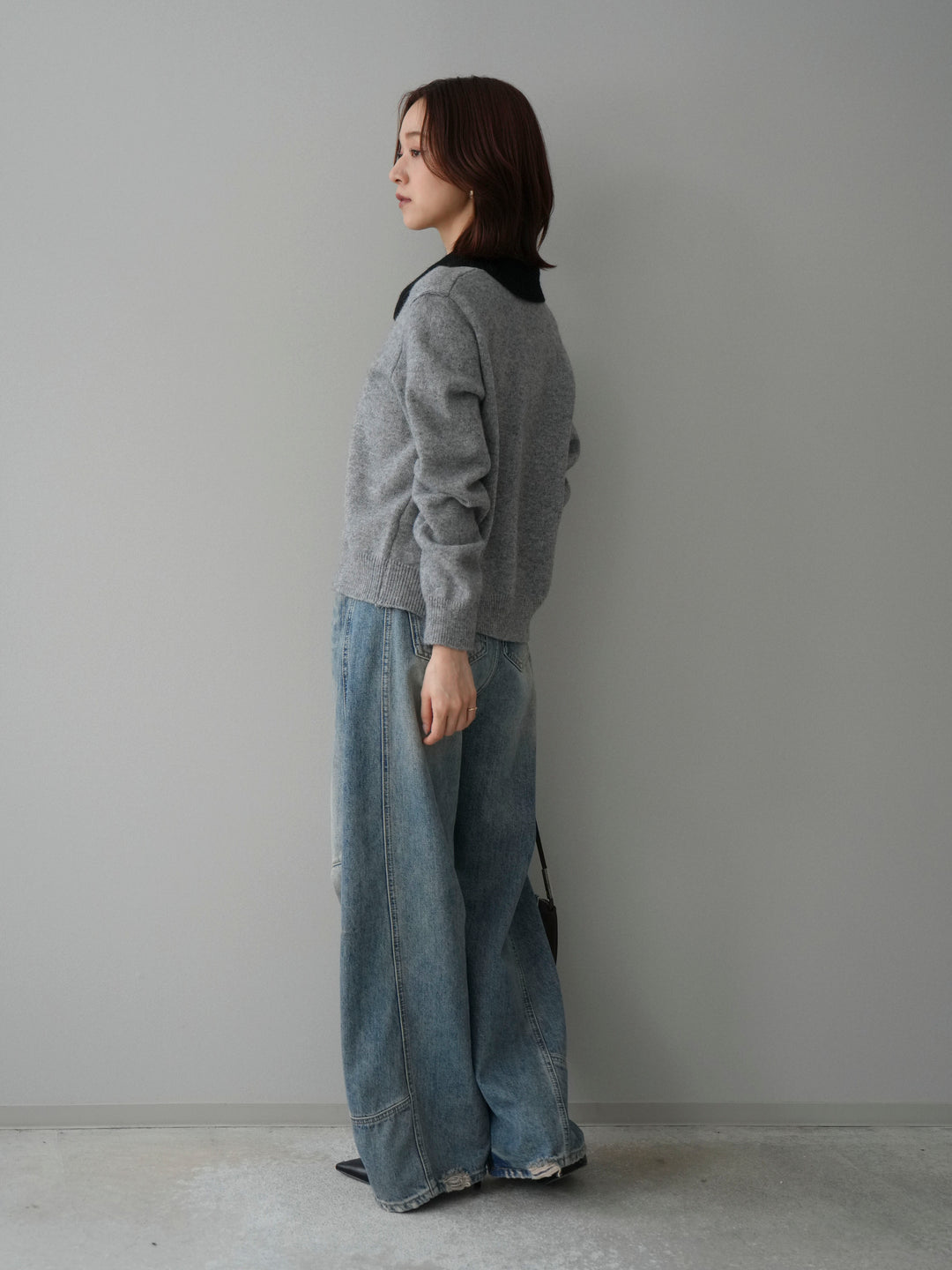 [SET]デザイン襟ニットカーディガン+ベルト付カーブデニムパンツ(2set)