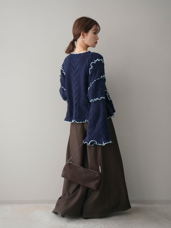 [SET]フロントリボン配色メローニットカーディガン+テープベルトタックバギーパンツ(2set)