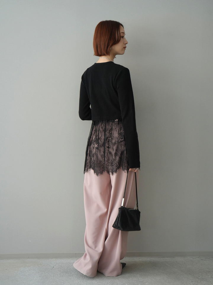 [SET]クルーネックレースドッキングリブニットトップス+ベルト付キーホルダーモチーフワイドパンツ(2set)