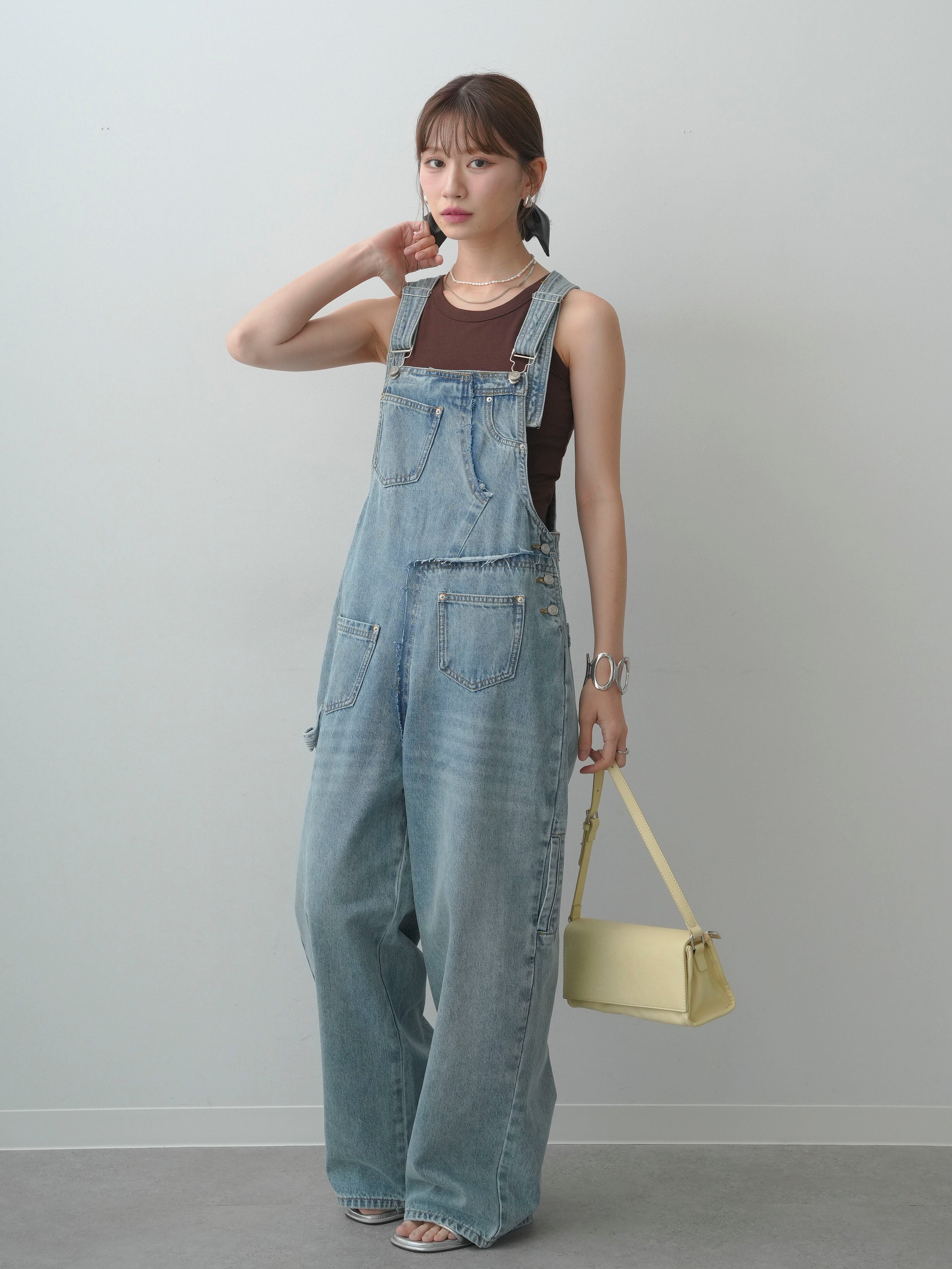 SET]デザインポケットデニムオーバーオール+カップ付アメスリタンク