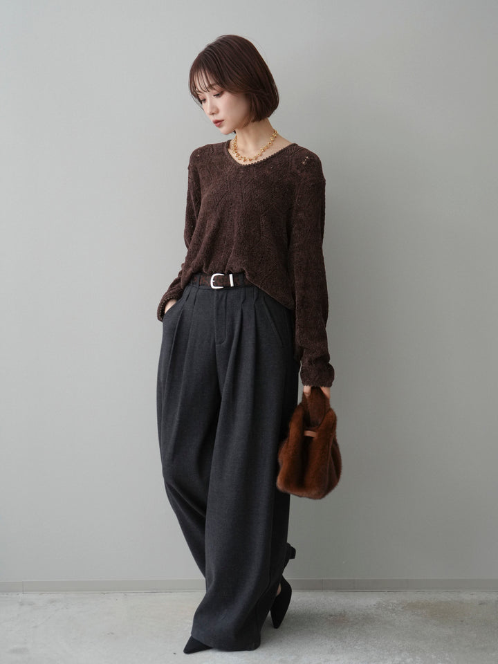 [SET]モール透かし編みニットトップス+アニマル柄ベルト付きウールタッチワイドパンツ(2set)