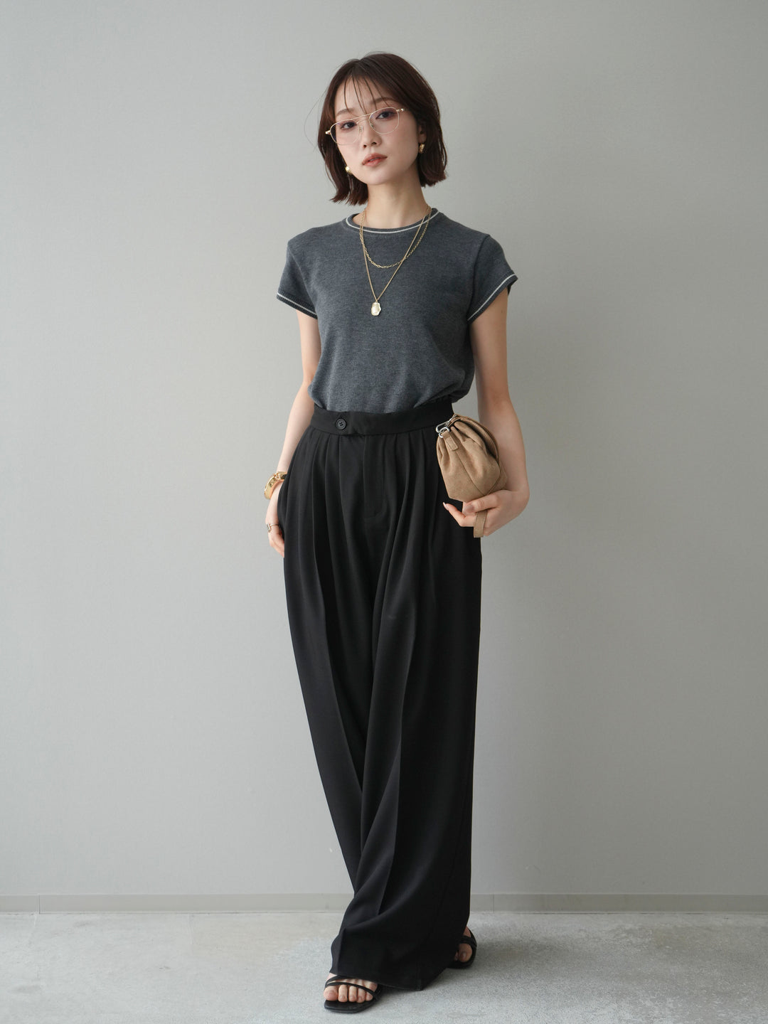 [SET]配色ハーフスリーブニットトップス+メニータックワイドパンツ(2set)