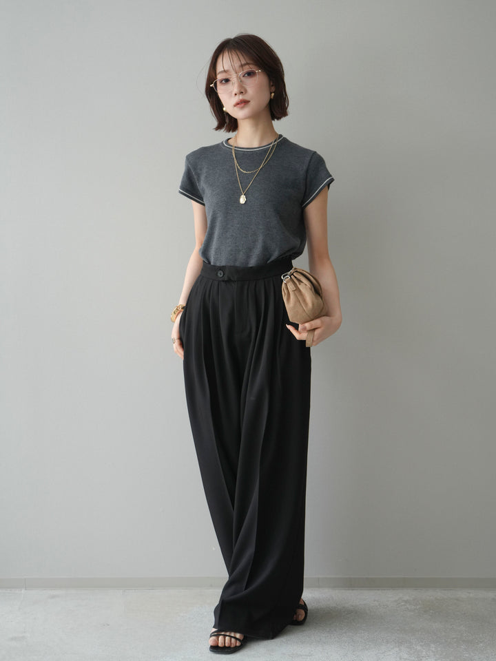 [SET]配色ハーフスリーブニットトップス+メニータックワイドパンツ(2set)