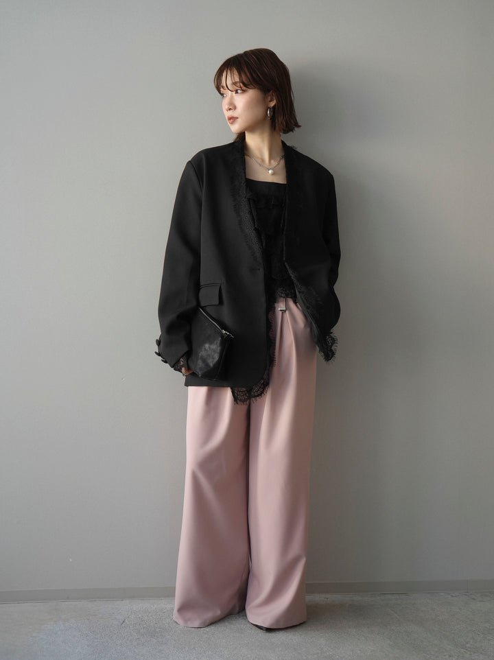 [SET]ノーカラーレースジャケット+ベルト付キーホルダーモチーフワイドパンツ(2set)
