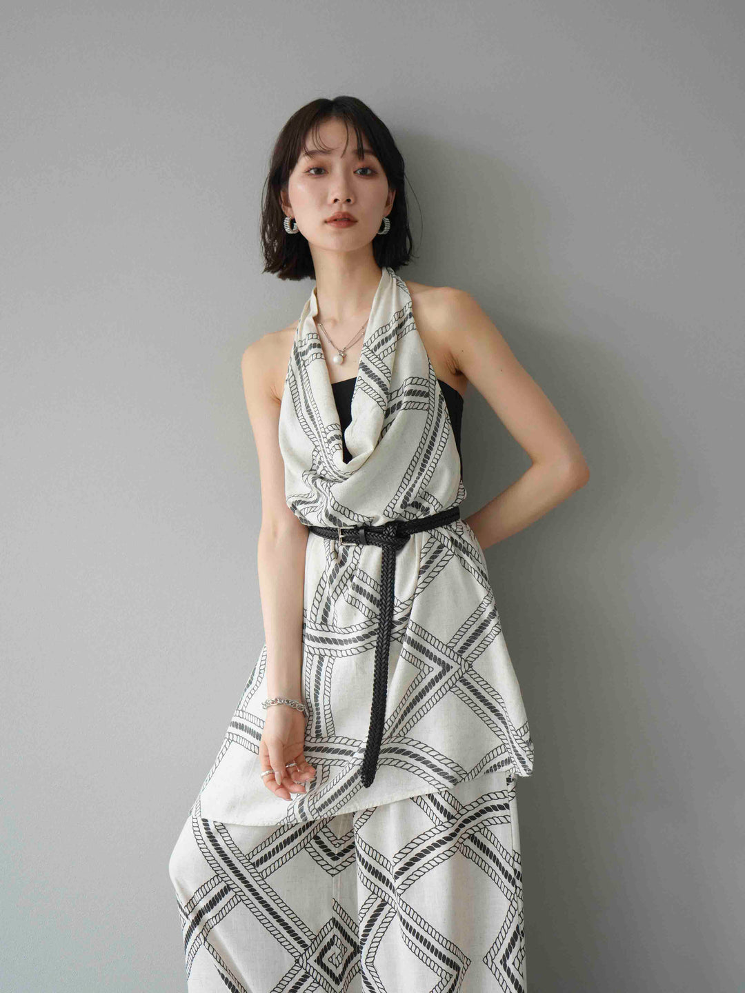 [予約]ロープ柄リネンタッチノースリブラウス/アイボリー