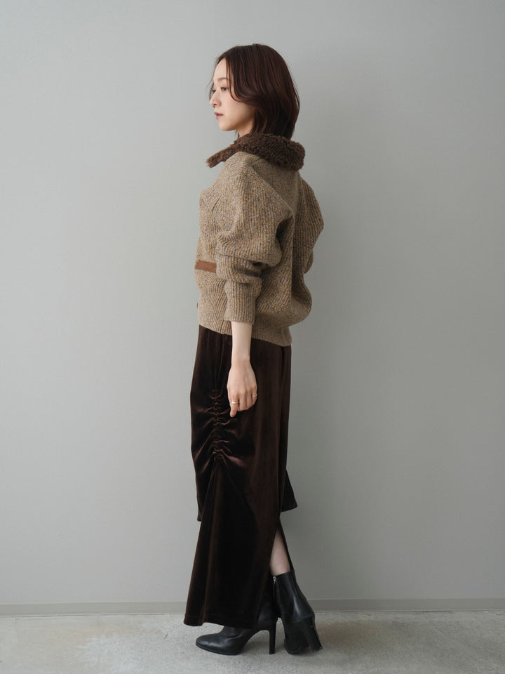[SET]襟ボアミックスヤーンニットカーディガン+ギャザーベロアスカート(2set)