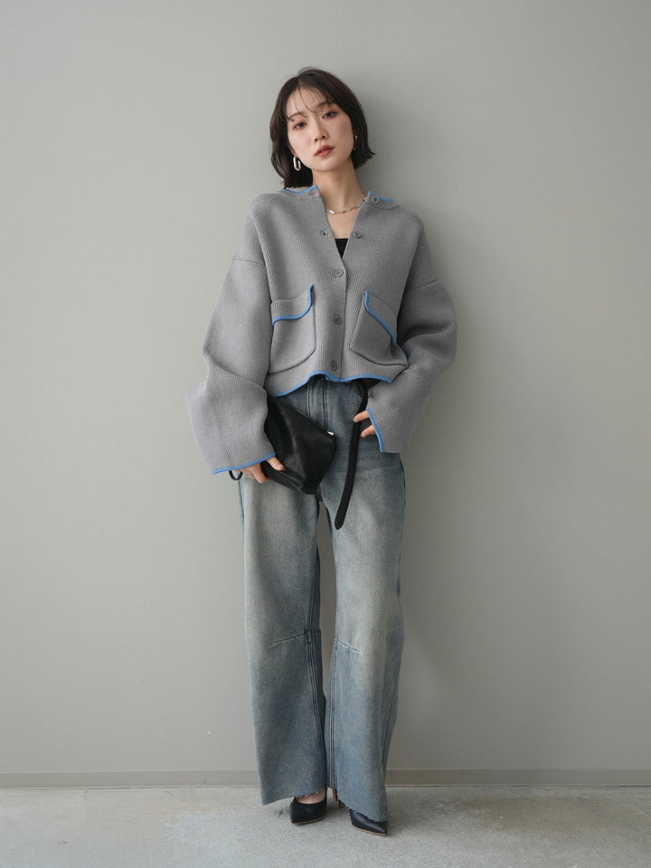 [SET]ポリエステル配色ニットカーディガン+裏起毛カットオフカーブデニムパンツ(2set)