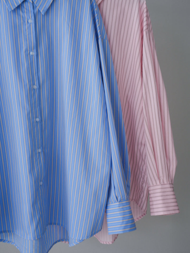 [SET]2wayルーズストライプシャツ+ベルト付キーホルダーモチーフワイドパンツ(2set)