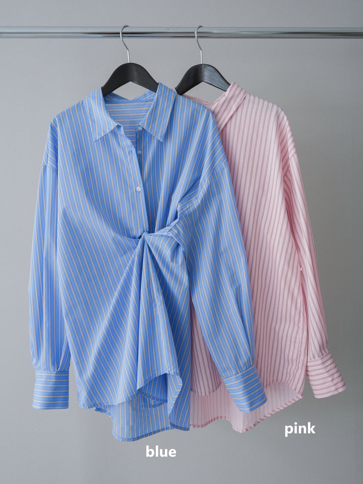 [SET]2wayルーズストライプシャツ+ベルト付キーホルダーモチーフワイドパンツ(2set)