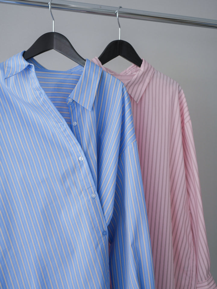 [SET]2wayルーズストライプシャツ+ベルト付キーホルダーモチーフワイドパンツ(2set)