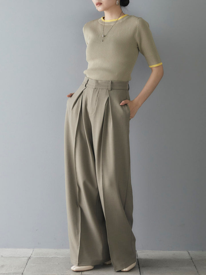 [Pre-order] Half-sleeve polyester color-blocked knit top/beige